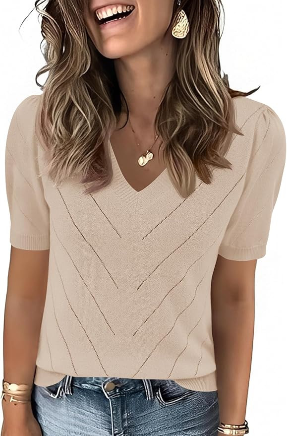 LOMON Womens Sweaters Puff Short Sleeve Lightweight Knit Summer Fall Tops Dressy V-Neck Work Blou... | Amazon (US)