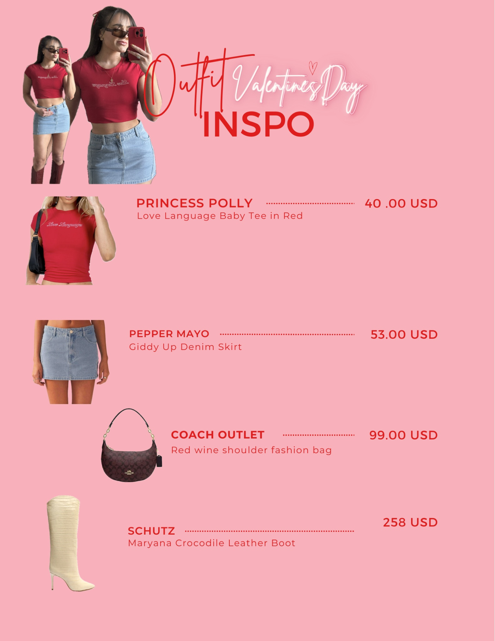 VALENTINE’S DAY outfit inspo 💌👠

Pair a vibrant red baby tee with a trendy denim skirt for a playful vibe. Amp up the style with crocodile boots, adding a touch of edge to your outfit. Keep it minimal with accessories, and grab a cute clutch to complete this perfect ensemble. 💋 #ValentinesDayStyle #FashionInspo #valentinesdayoutfit #datenightoutfit #valentinesdayinspo #inspooutfits

#LTKstyletip