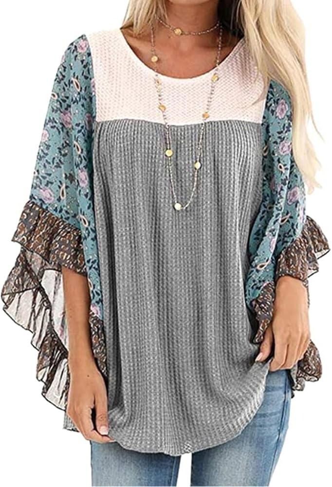 CASURESS Womens Floral Printed 3 4 Sleeve Shirt Batwing Loose Tops Blouses Pullover | Amazon (US)