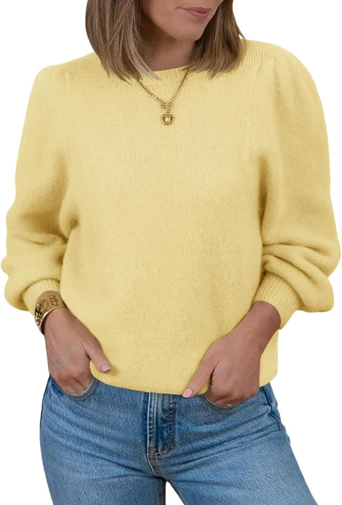 Saodimallsu Womens Puff Long Sleeve Sweaters Fall Crew Neck Cozy Soft Knit Loose Casual Pullover ... | Amazon (US)