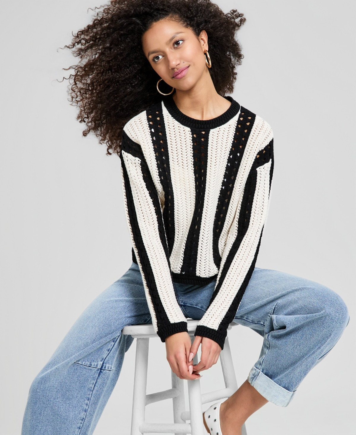 And Now This Petite Vertical Stripe Long-Sleeve Sweater, Macy's Exclusive - Black | Macy's