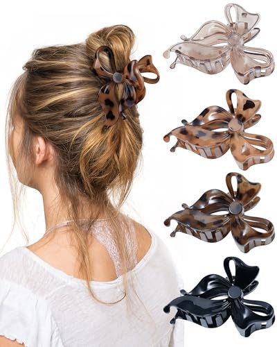 4 PCS Bow Hair Clips Bow Claw Clip for Women, Large Hair Claw Clips for Thin Thick Long Hair Cute Nonslip Bows (Black+Leopard Dark Brown+Leopard Light Brown+Gray) | Amazon (US)