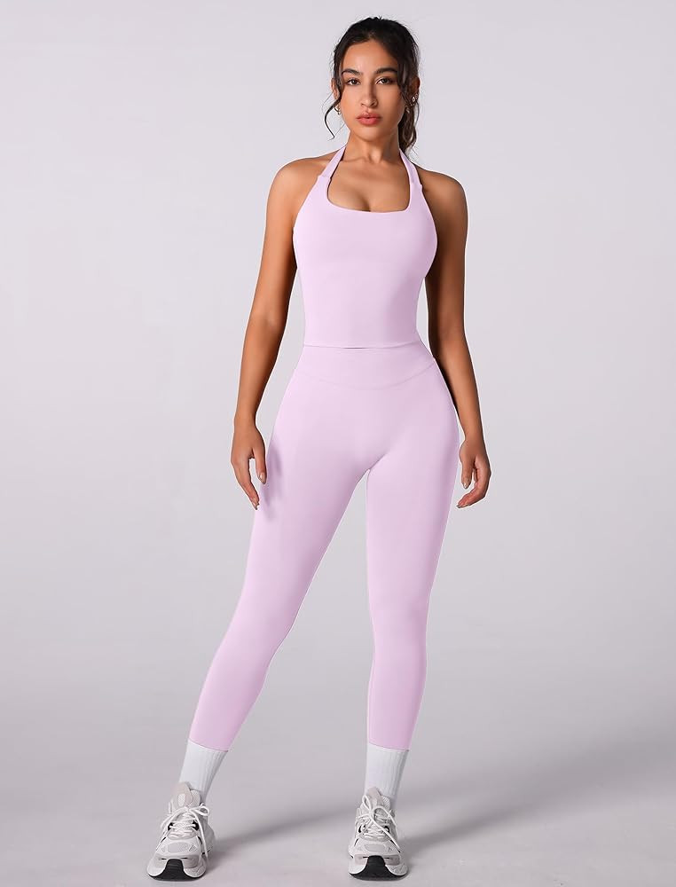 ABOCIW Workout Sets for Women Seamless Scunch Butt Lifting Impact Leggings Halter Sports Bra 2 Pi... | Amazon (US)