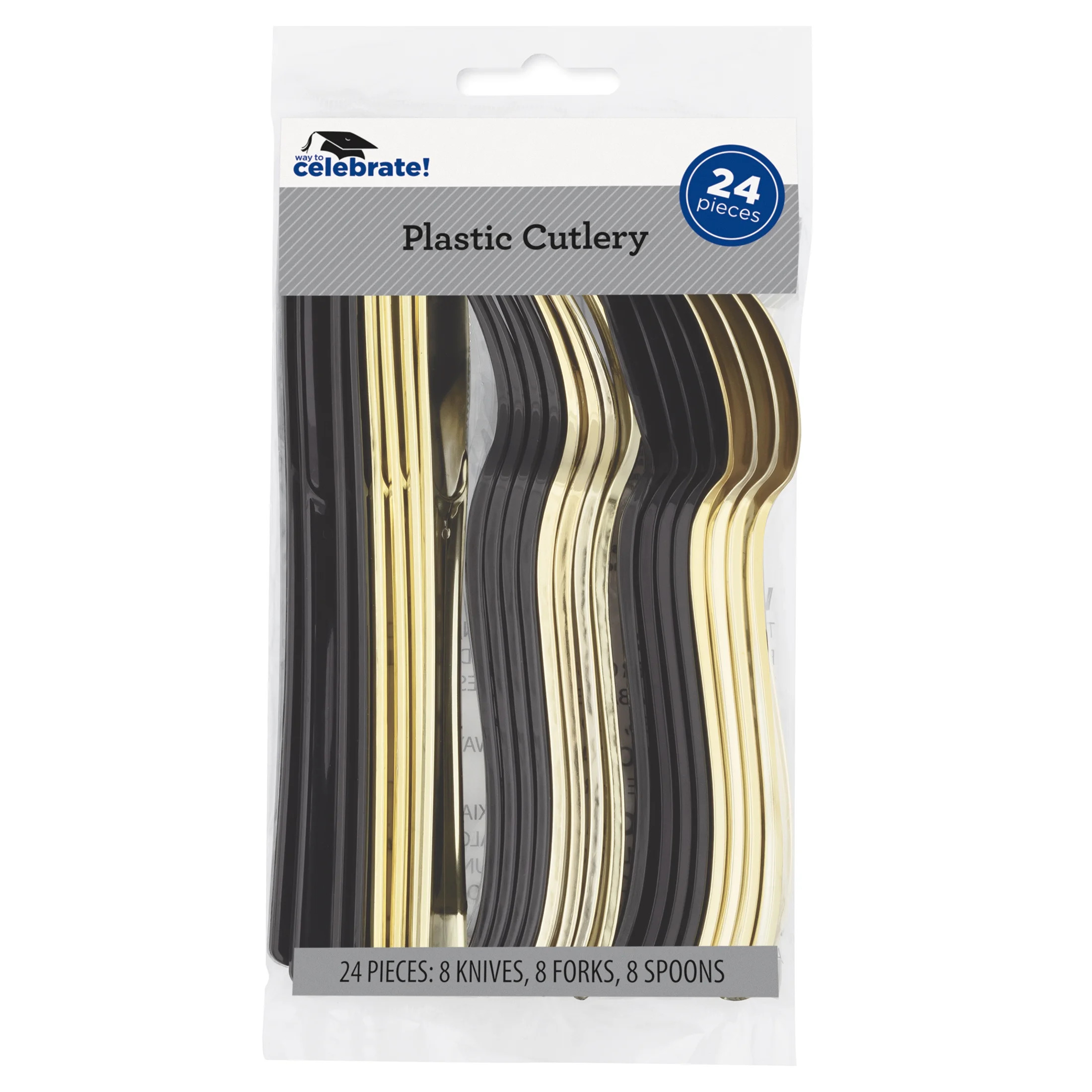 Disposable Metallic Plastic Cutlery Set, Black and Gold, 24 Count, Graduation by Way To Celebrate | Walmart (US)