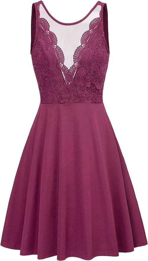 GRACE KARIN Women Sleeveless Lace Patchwork Deep V-Neck A Line Flared Party Dress | Amazon (US)