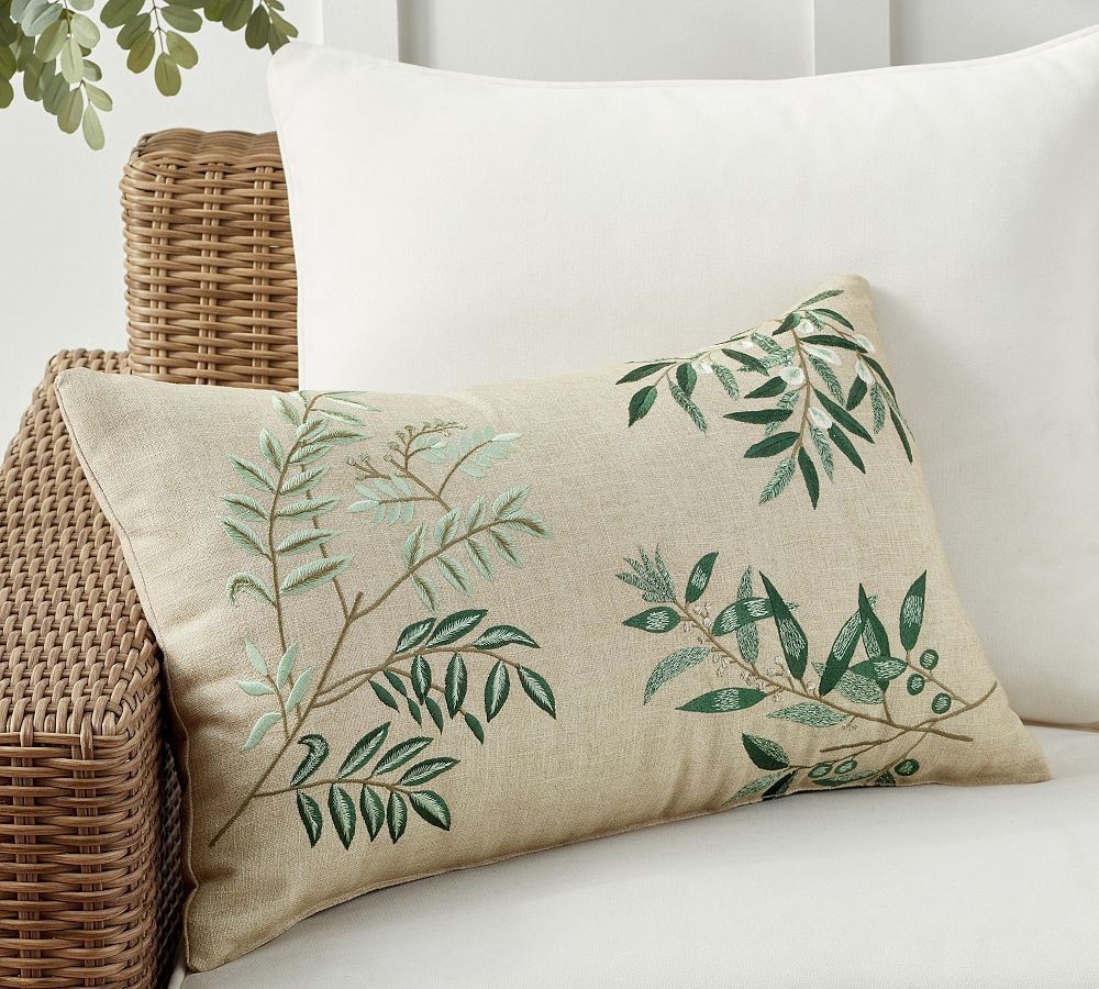 Fern Botanical Embroidered Outdoor Lumbar Pillow | Pottery Barn (US)
