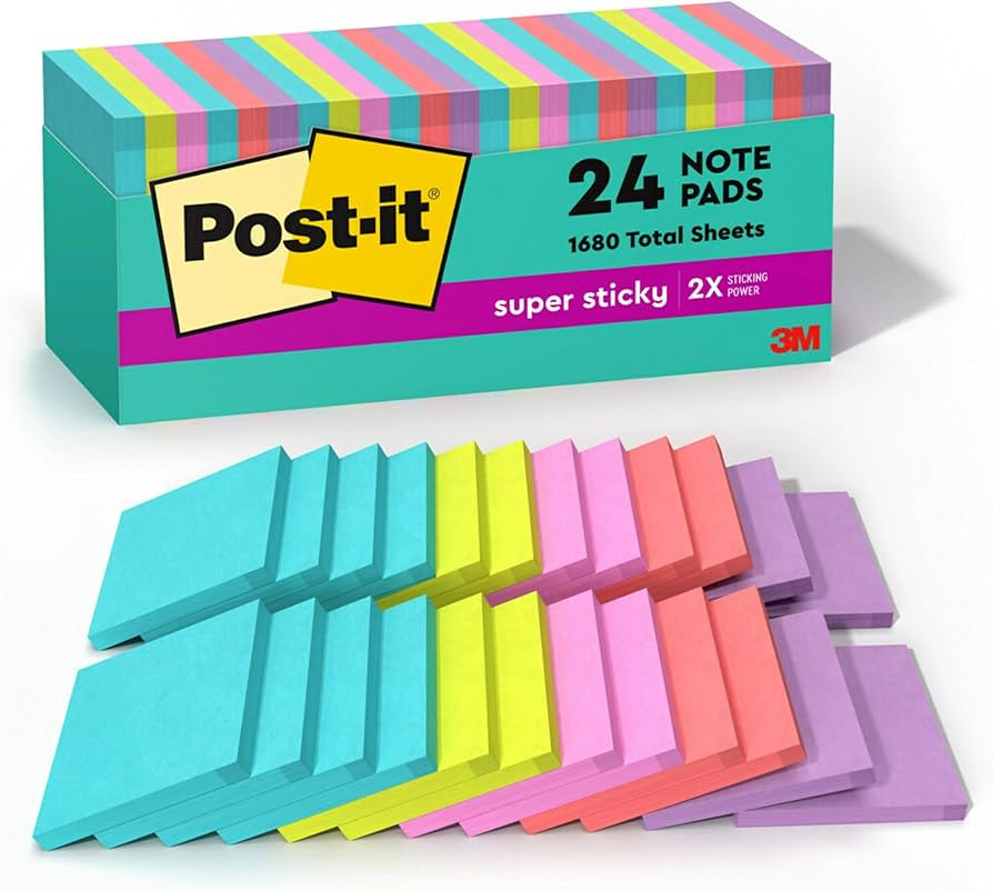 Post-it Super Sticky Notes, 76.2 mm x 76.2 mm, 24 Pads, 2x the Sticking Power, Supernova Neons, B... | Amazon (US)
