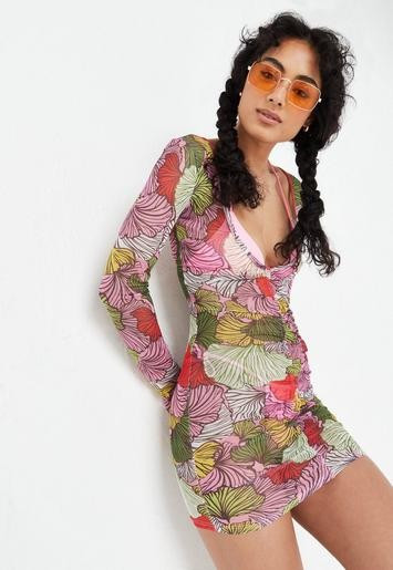 Missguided - Pink Shell Print Mesh V Front Ruched Beach Cover Up Mini Dress | Missguided (UK & IE)