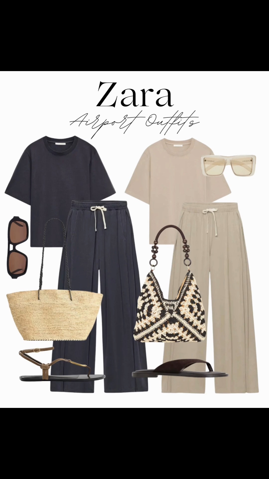 New-in Zara airport outfits ✈️

Tags: matching set, drawstring sweatpants, oversized t-shirt, raffia tote bag, cute sandals, aviator sunglasses, travel look, airplane outfit

#LTKsummer #LTKtravel #LTKbag