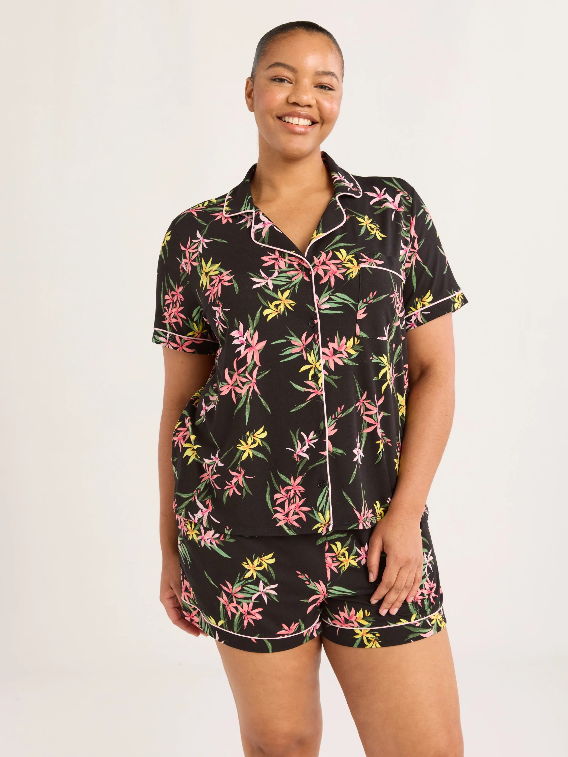 Joyspun Women’s Dreamy Soft Collection Short Sleeve Knit Notch Collar Top and Shorts Pajama Set... | Walmart (US)