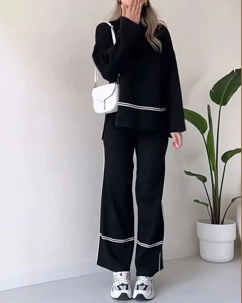 Casual Two-pieces Outfits Solid Color Casual Top Loose Bootcut Trousers Pants Sets | Zeagoo