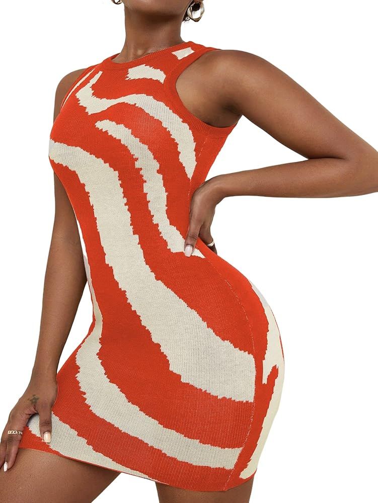 Floerns Women's Zebra Striped Print Sleeveless Bodycon Sweater Mini Dress | Amazon (US)