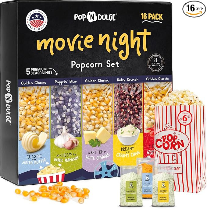 Pop n' Dulge Popcorn Movie Night Supplies 16 pcs Gift Set, 5 Gourmet Popcorn Kernels, 5 Seasoning... | Amazon (US)