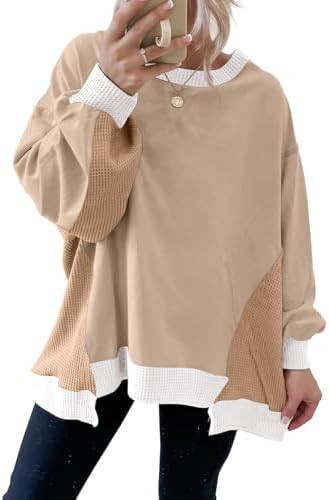SHEWIN Womens Sweatshirt Crew Neck Waffle Knit Tops Color Block Oversized Long Sleeve Shirts Fall... | Amazon (US)