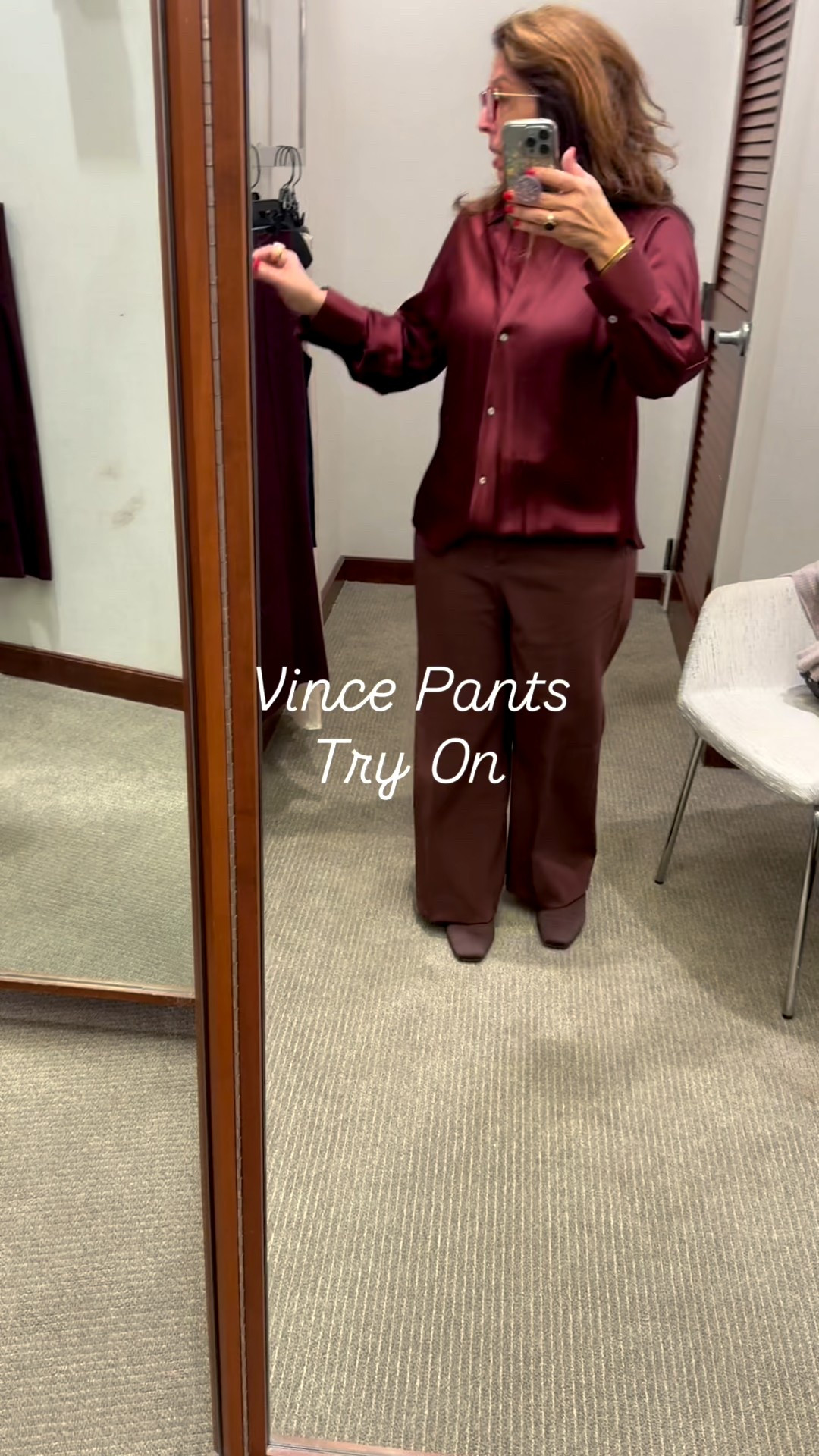 Trying on Vince Pants at Neiman Marcus. 

I am a wardrobe stylist, mom of two boys (really men), a wife, and post menopausal woman in business who is 14/16 on the bottom, a L on top and I am 5’4”. 
I have been every thing from a size 10-18+

#LTKdayinmylife #LTKWorkwear #LTKgrwm