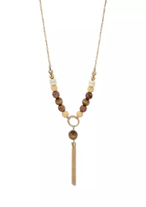 Tone 34 Inch + 3 Inch Extender Long Natural Wood Beaded Y- Necklace with Chain Tassel | Belk