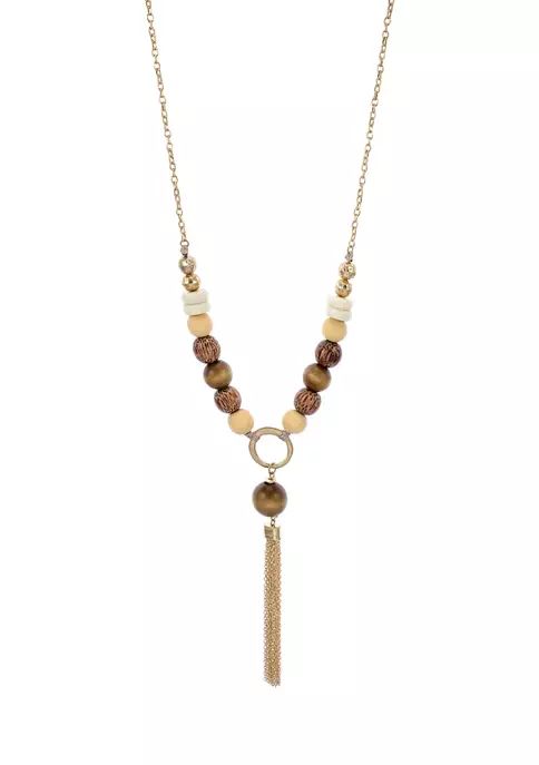 Tone 34 Inch + 3 Inch Extender Long Natural Wood Beaded Y- Necklace with Chain Tassel | Belk