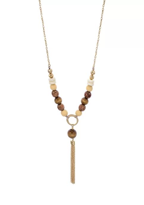 Tone 34 Inch + 3 Inch Extender Long Natural Wood Beaded Y- Necklace with Chain Tassel | Belk