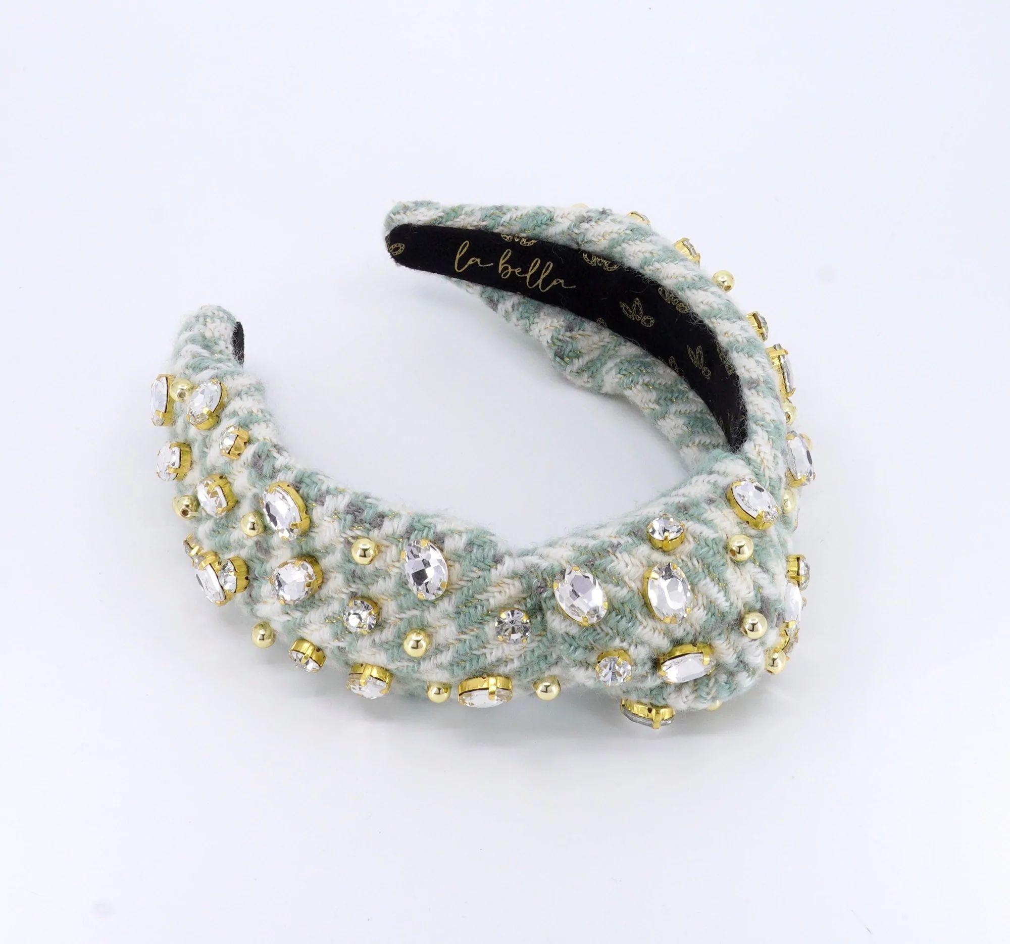 Mint Green Houndstooth Tweed Jeweled Headband | La Bella Shop