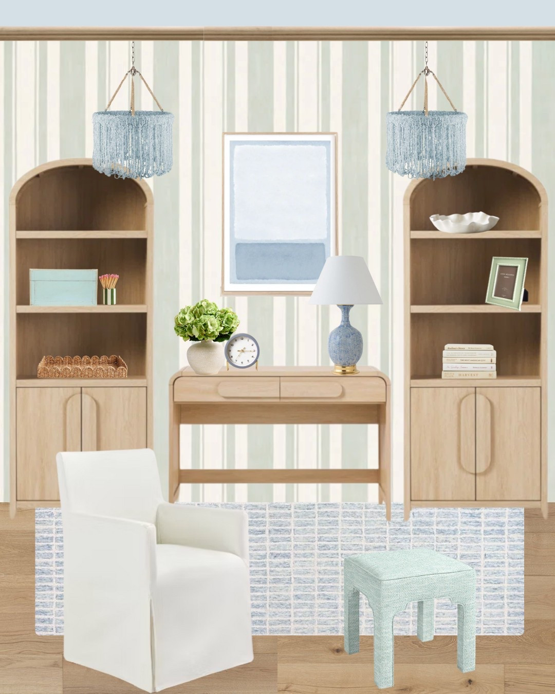 Your home office, accessorized🖇️

Chandeliers, artwork, built in desk, lamp, ottoman, picture fram, books, clock    