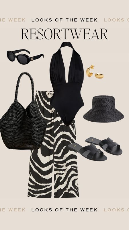 Beach, poolside look. Black halter swimsuit and cover up pants. 
