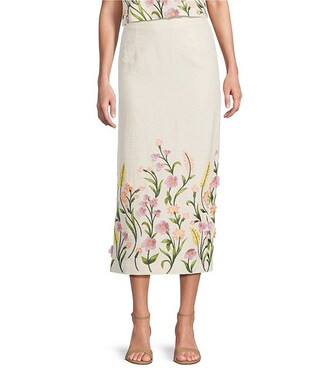 Riviera Floral Embroidered Linen Sheath Skirt | Dillard's