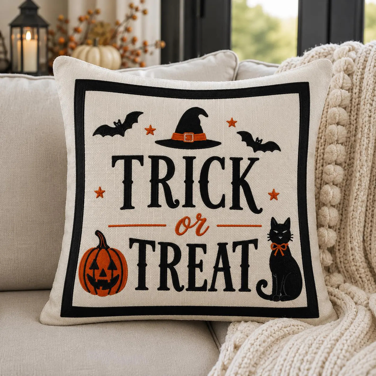 Halloween Pillow - Trick or Treat Embroidered Decorative Cushion | Etsy (Global)