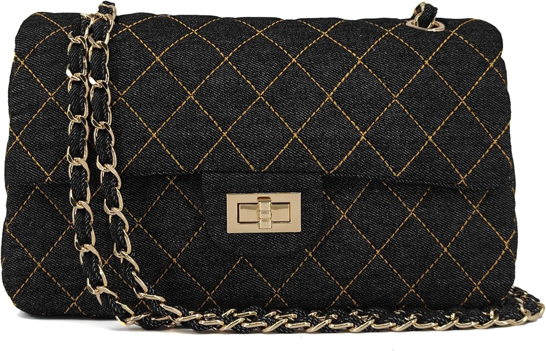 Quilted Denim Crossbody Bags for Women, Chain Strap Shoulder Bags, Medium Double Flap Purse, Gold... | Amazon (US)