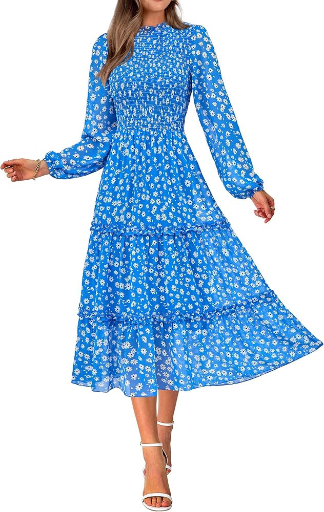 NOLLSOM Women 2023 Fall Dress Floral Boho Dress Casual Long Sleeve Crew Neck Ruffle A-Line Flowy ... | Amazon (US)