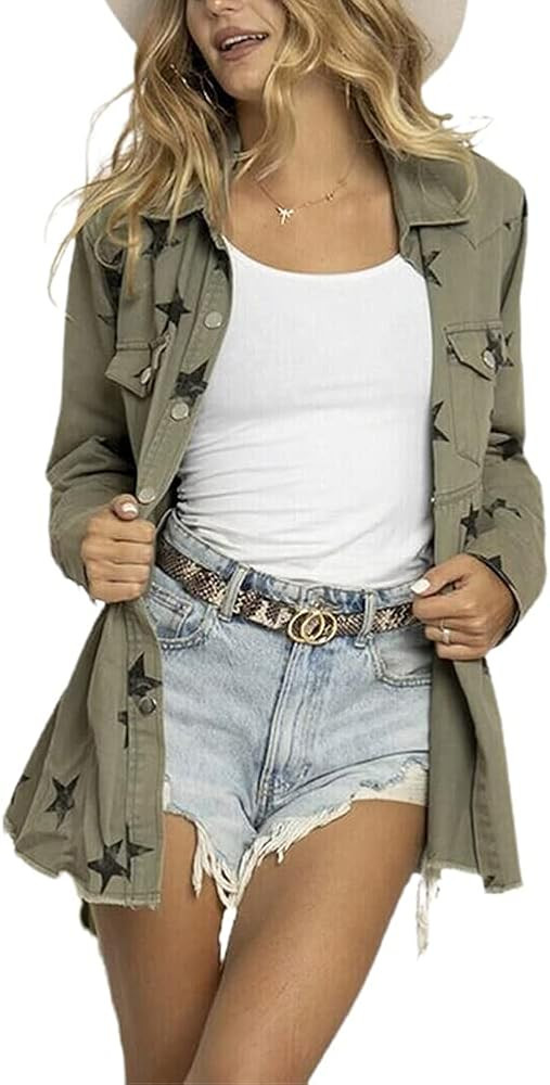 chouyatou Women's Casual Frayed Raw Hem Star Print Mid Long Peplum Denim Jacket | Amazon (US)