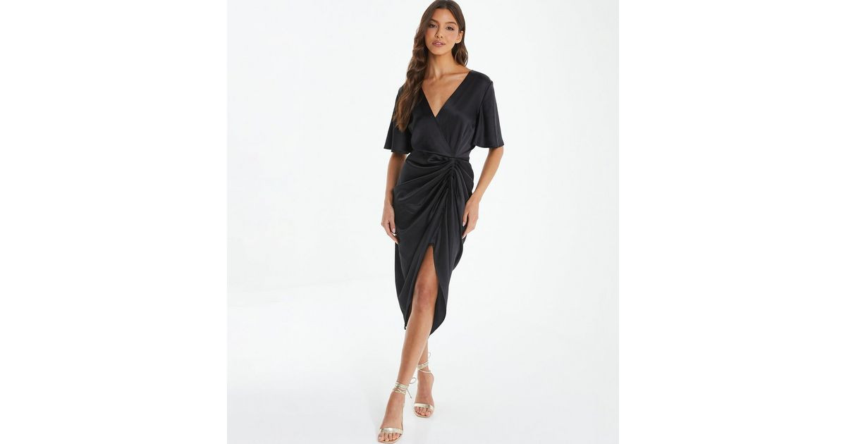 QUIZ Black Satin Ruched Wrap Midi Dress
						
						Add to Saved Items
						Remove from Saved I... | New Look (UK)
