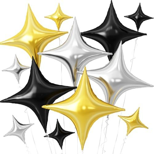 Black Gold Silver Star Balloons,12Pcs Four Angle Star Foil Balloons,26Inch and 10Inch Black Gold ... | Amazon (US)