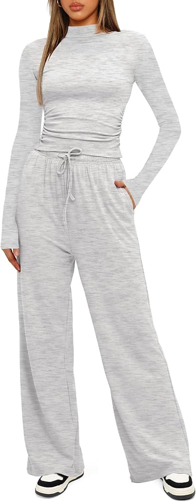Darong Women's 2 Piece Outfits Lounge Sets Long Sleeve Mock Neck Tops High Wasited Wide Leg Pants... | Amazon (US)