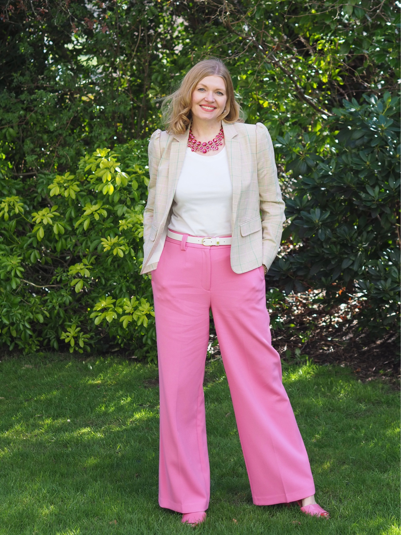 Pink wide leg trousers. Pink sandals. Marks and Spencer. Me and Em pink and green check jacket. Birthday party outfit. Spring outfit. Over 40. Over 50  

#LTKSeasonal #LTKeurope #LTKfindsunder100