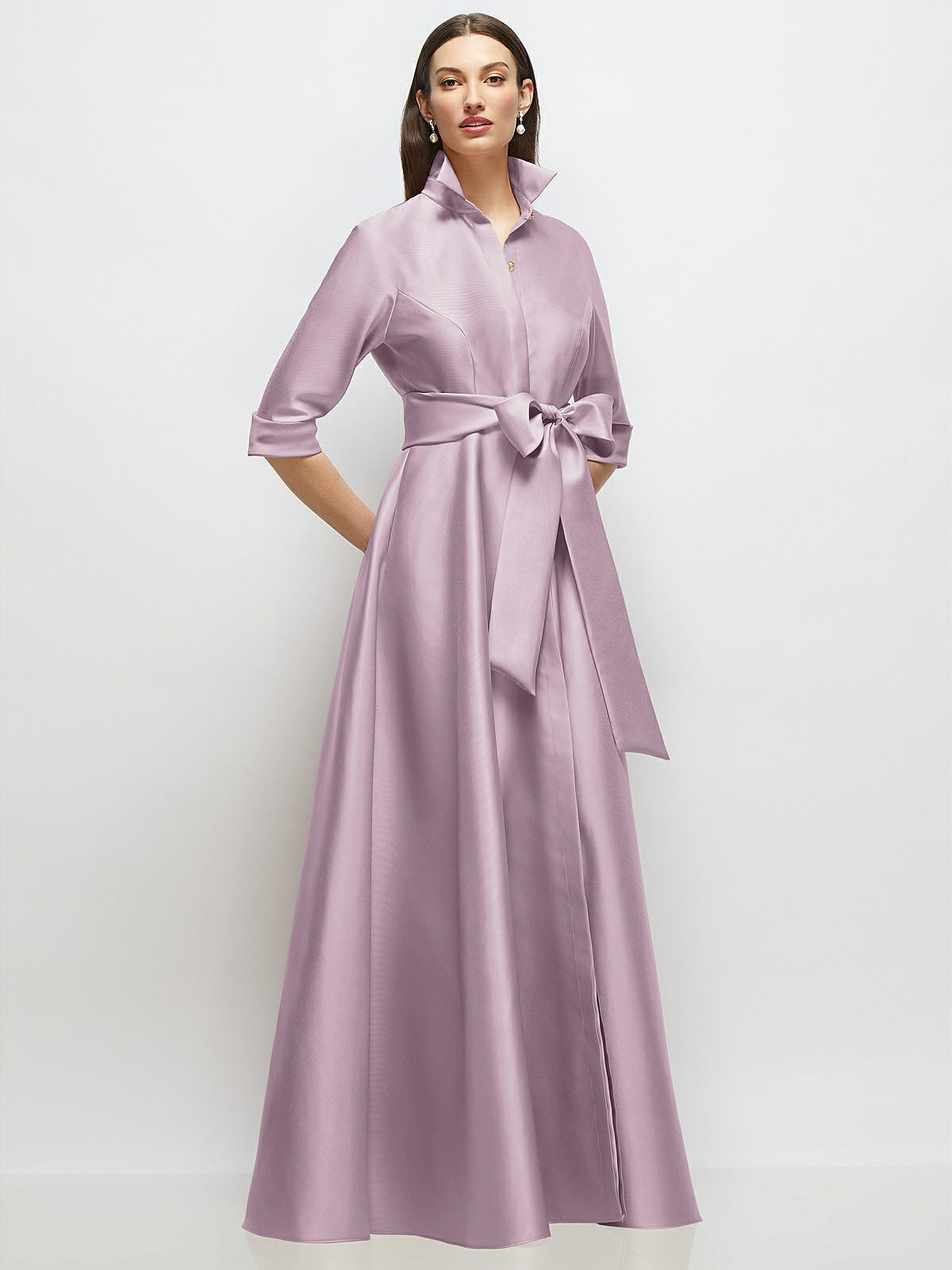 3/4 Sleeve Satin Shirt Dress Gown with Sash and Jeweled Buttons in Suede Rose | Dessy Group