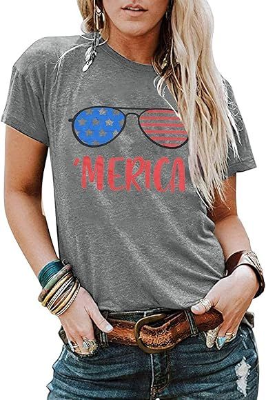 Merica T-Shirt Women America Glass Graphic Tee Funny July 4 Patriotic Tshirt Short Sleeve Casual ... | Amazon (US)