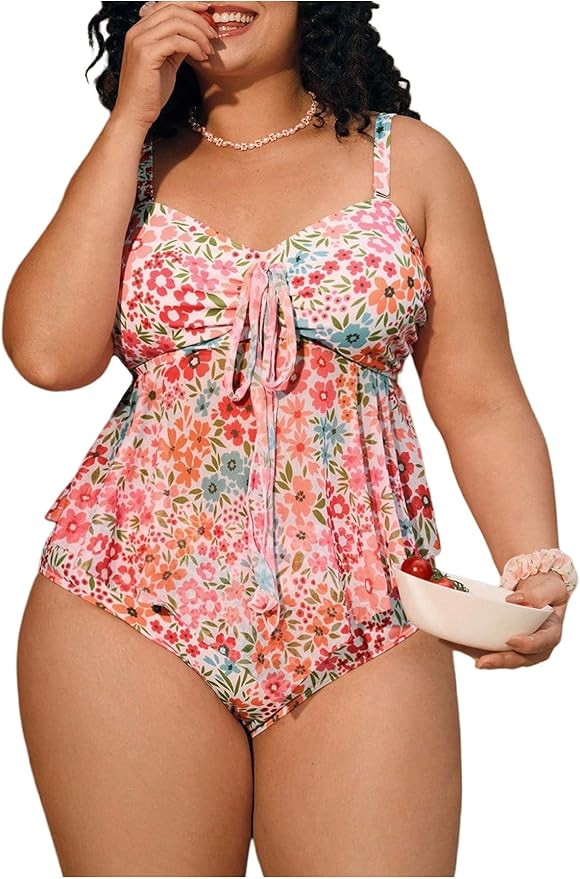 Verdusa Women's Plus Size 2 Piece Floral Tankini Set Bow Tie Babydoll Tops with Bottoms Swimsuit | Amazon (US)