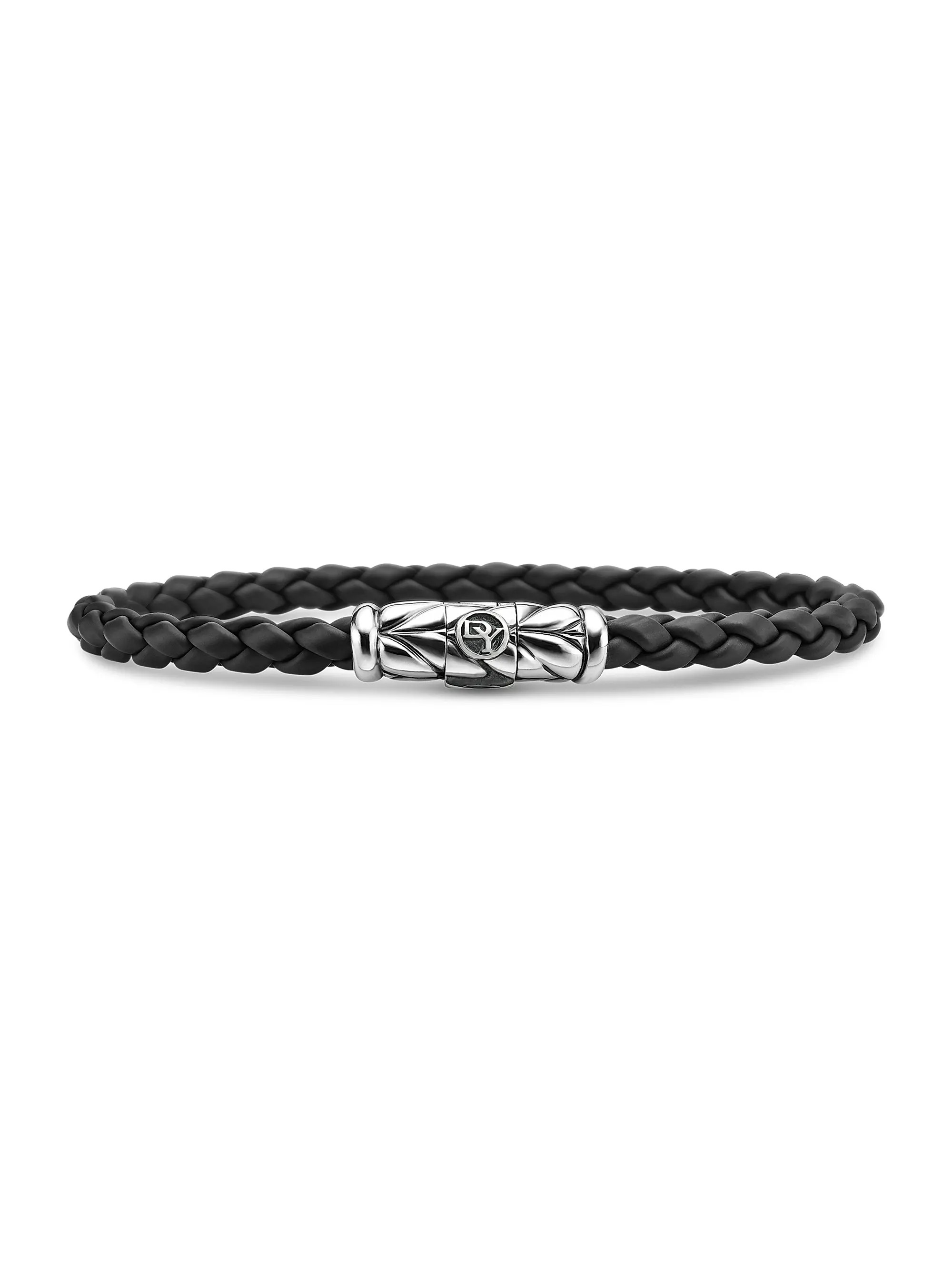 Chevron Woven Bracelet in Black Rubber and Sterling Silver, 6mm | Saks Fifth Avenue