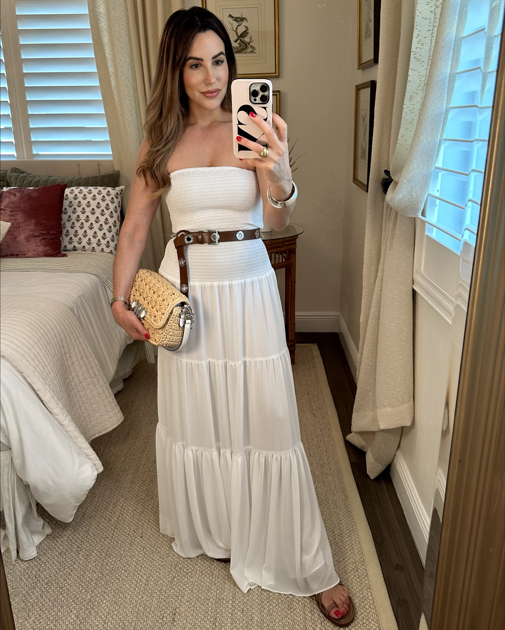 Which white dress look would you wear to the Michael Kors beach club: 
1) Sleek & chic sheath with metallic heels or  2) Boho glam white maxi dress with flat leather sandals? 
Swipe for a closer look at my raffia bag! 

Dresses and shoes all run TTS. 


#LTKSeasonal #LTKItBag #LTKShoeCrush