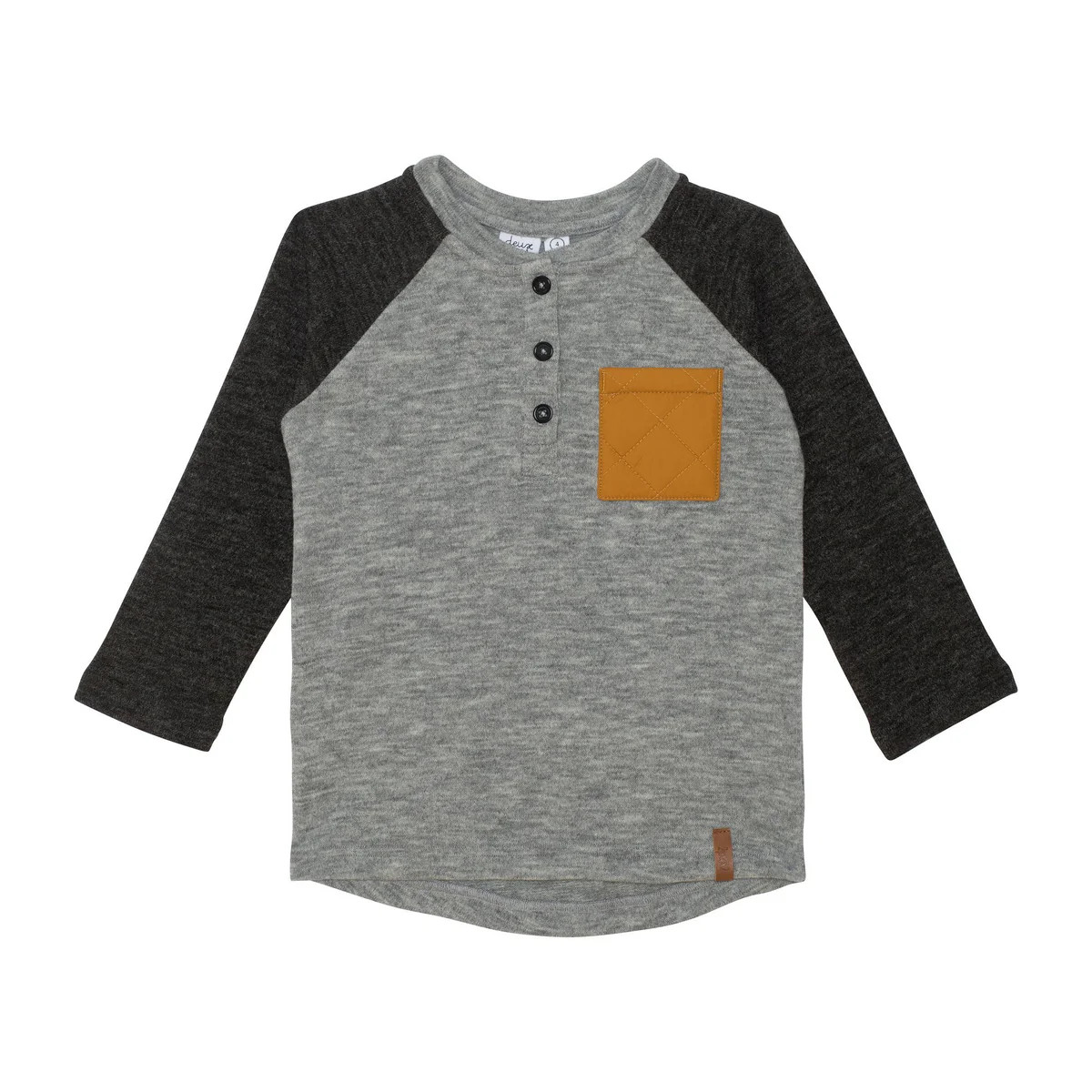Raglan T-shirt with Henley Collar and Brown Pocket | Deux par Deux Childrens Designer Clothing
