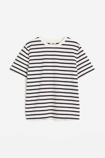 Cotton T-shirt - Round neck - Short sleeve - White/Navy blue striped - Ladies | H&M GB | H&M (UK, MY, IN, SG, PH, TW, HK)