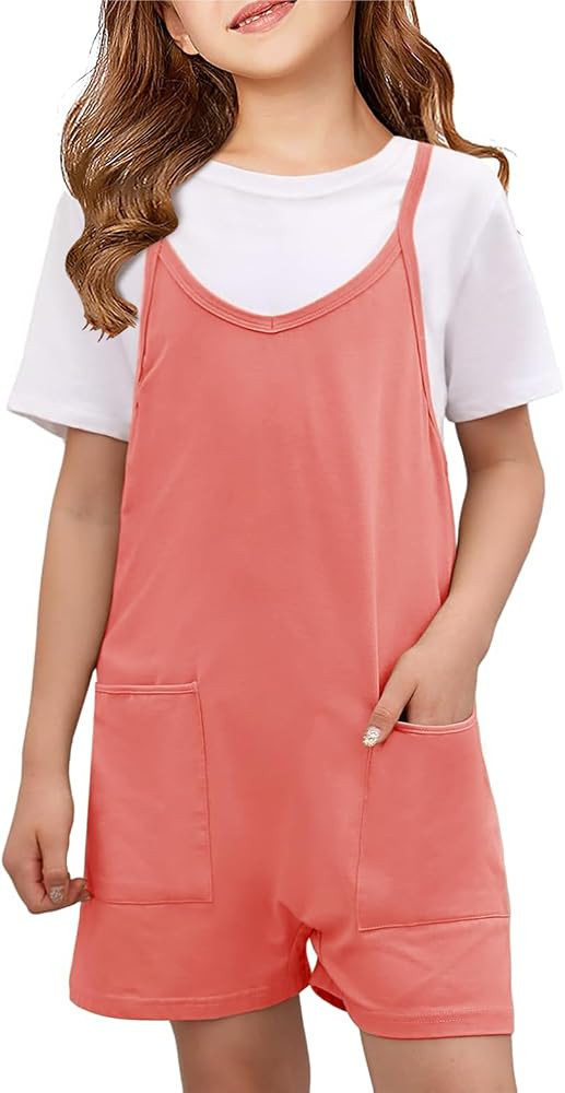 Tongmingyun Girls Summer Sleeveless Casual Romper Spaghetti Strap Shorts Jumpsuit with Pockets | Amazon (US)