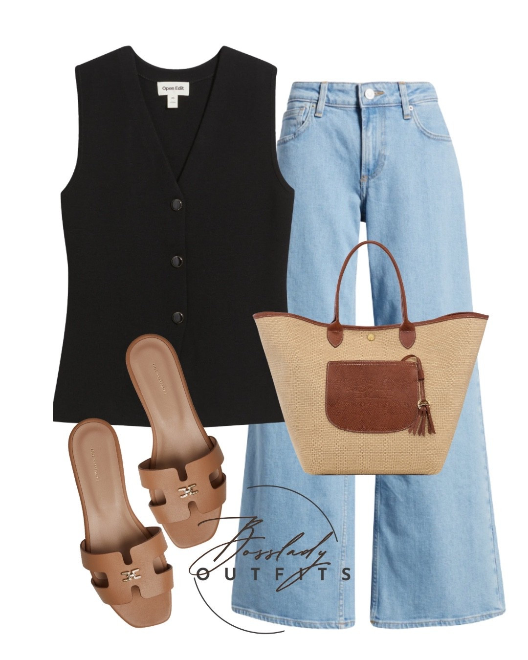 Elevate your everyday style with this easy, minimal look! 🖤 A classic black tailored waistcoat is the perfect versatile top to pair with light-wash, wide-leg denim for a balanced and trendy silhouette. I’ve accessorized it with comfortable tan leather slide sandals and a woven straw tote bag to give it that perfect warm-weather vibe. This is an absolute go-to outfit for weekend errands, brunch, or a casual day out.

#LTKshoes #LTKsummer #LTKstyletip