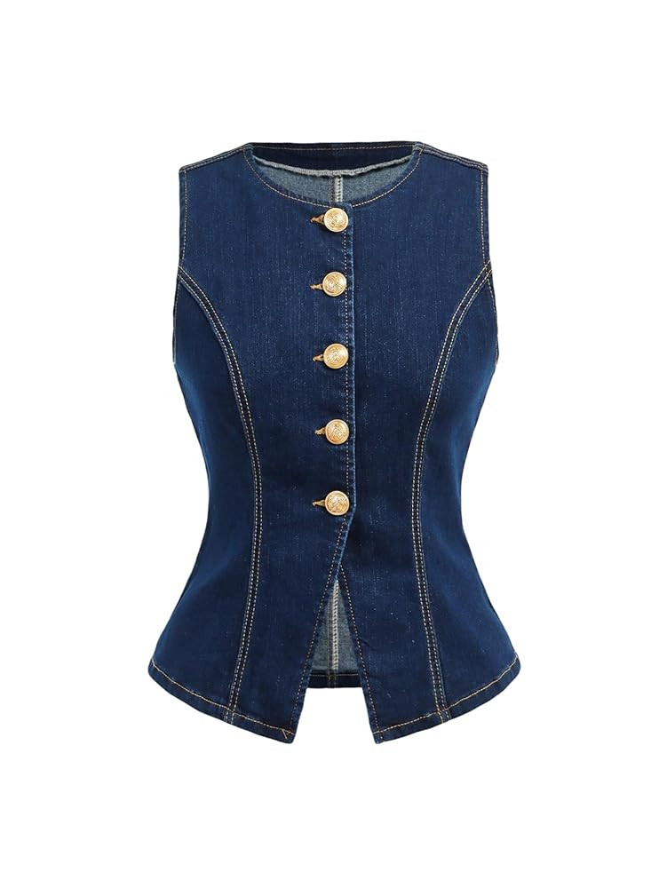MakeMeChic Women's Denim Vest Top Summer Button Down Sleeveless Jean Jacket Crew Neck Waistcoat | Amazon (US)