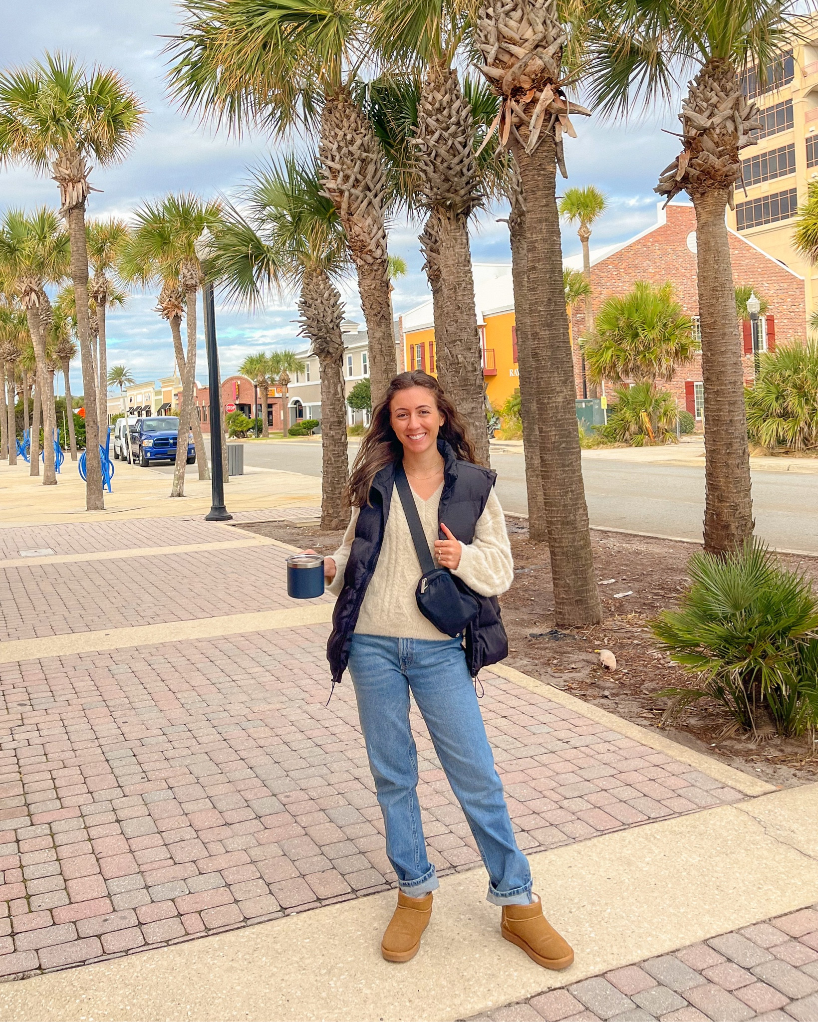 Casual Fall / Winter Outfit of the Day OOTD; Rory Gilmore Sweater, Oversized Puffer Vest, Abercrombie Denim 90s Jeans, Ugg Classic Ultra Mini Boots Dupes, Lululemon Everywhere Belt Bag, Yeti Coffee Cup Mug

#LTKstyletip