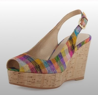 Stuart Weitzman Jean Silk Tinsel Multicolor Cork Wedge Slingback Sandals 8M | eBay | eBay US