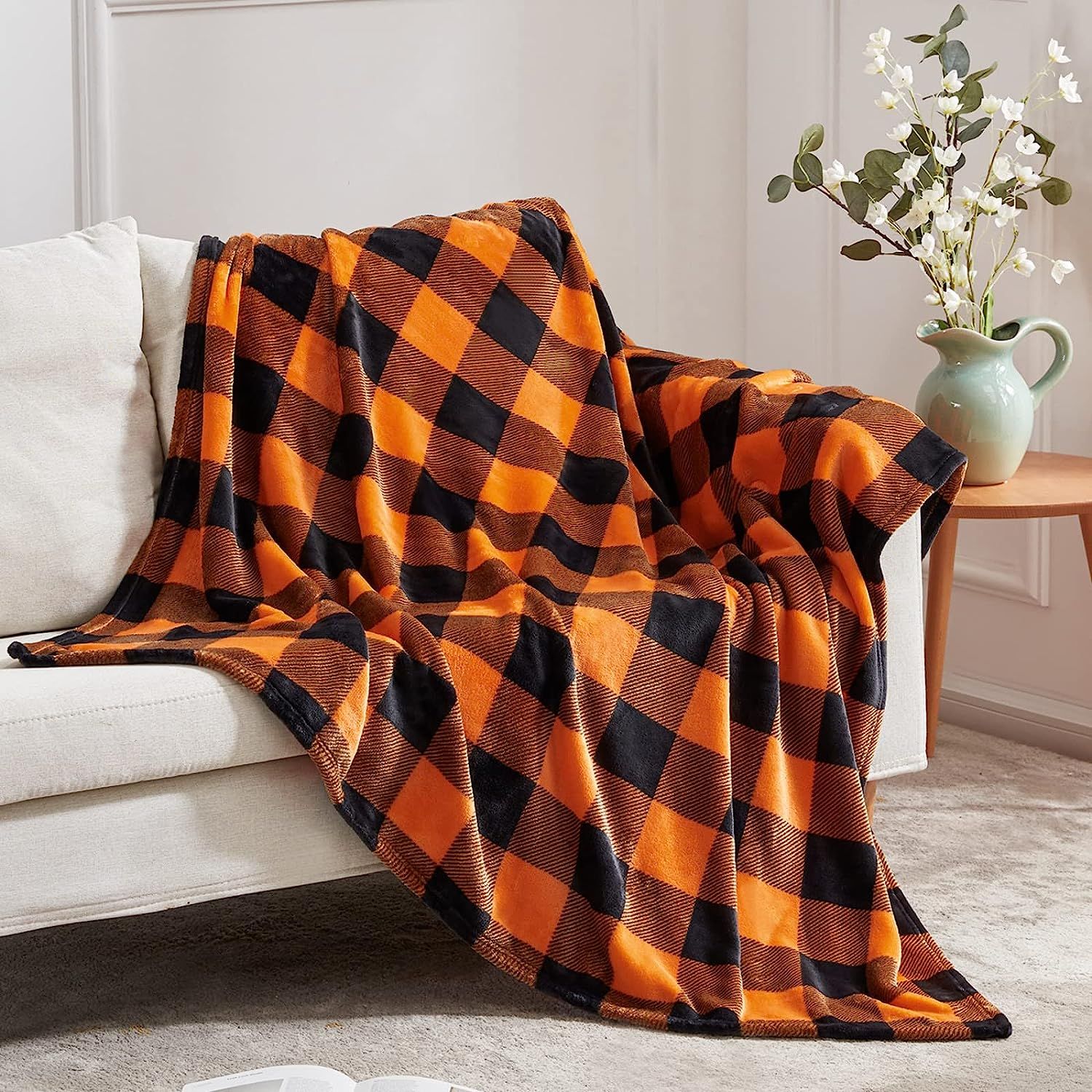 Amazon.com: Touchat Fleece Throw Blankets, Orange Buffalo Plaid Throw Blanket for Couch Sofa Bed,... | Amazon (US)