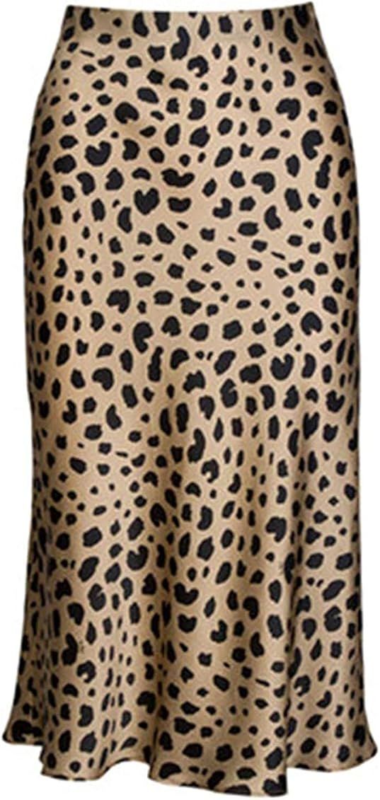 Women Leopard Print Skirt High Waist Hidden Elasticized Waistband Midi Skirts | Amazon (UK)