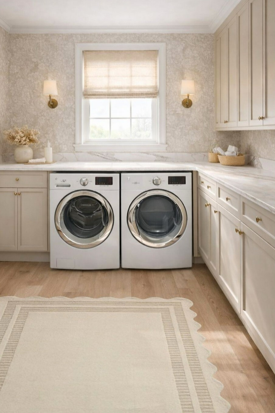 When your favorite room in the house is the laundry room 🧺🤍 soft light, cozy wallpaper, and the perfect neutral cabinet color complete the look! 

 #LTKHome #LTKSaleAlert