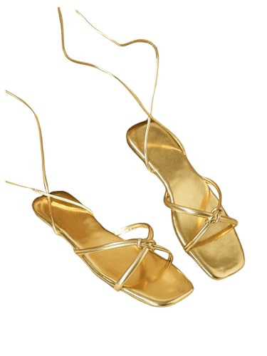 GORGLITTER Women's Gold Lace Up Sandals Tie Up Square Open Toe Strappy Dressy Summer Sandals Gold B 10.5 | Amazon (US)